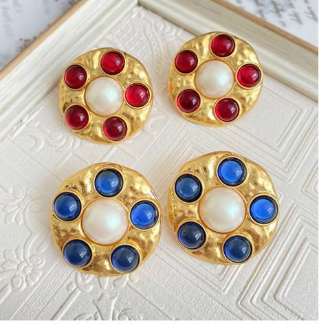 Retro Round Alloy Plating Inlay Glass Pearl Women's Ear Studs 1 Pair