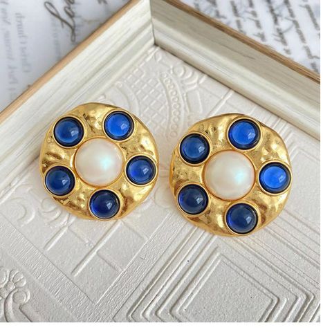 Retro Round Alloy Plating Inlay Glass Pearl Women's Ear Studs 1 Pair