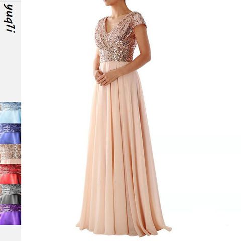 Damen A-linie Rock Mode V-ausschnitt Pailletten Patchwork Kurzarm Einfarbig Maxi Langes Kleid Täglich