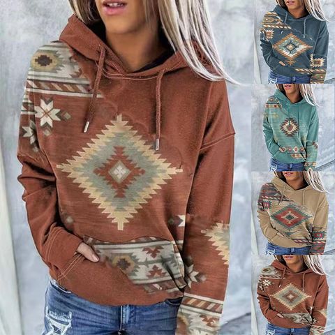 Women's Hoodie Long Sleeve Hoodies & Sweatshirts Printing Pocket Ethnic Style Argyle