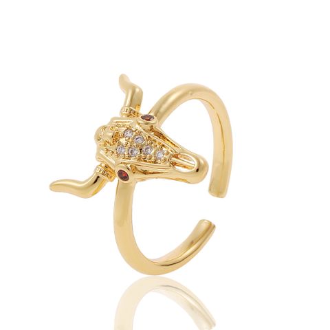 Mode Stierkopf Kupfer Vergoldet Zirkon Offener Ring