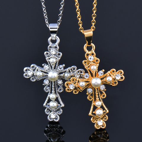 Simple Style Cross Titanium Steel Gold Plated Inlay Rhinestones Pearl Pendant Necklace 1 Piece