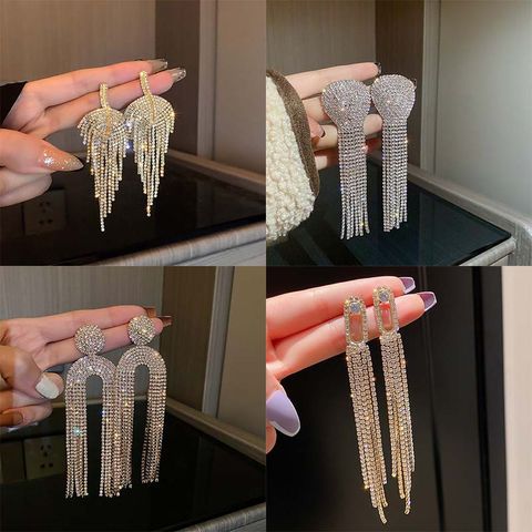 1 Pair Fashion Tassel Inlay Alloy Artificial Diamond Drop Earrings