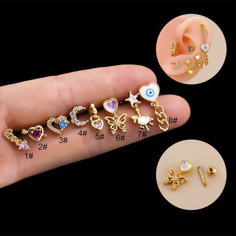 1 Piece Fashion Moon Heart Shape Butterfly Plating Inlay Metal Zircon Ear Studs