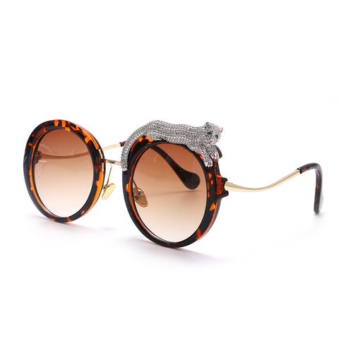 Fashion Leopard Pc Round Frame Diamond Full Frame Women's Sunglasses