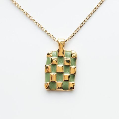 Wholesale Fashion Plaid Rectangle 302 Stainless Steel Copper Enamel Gold Plated Pendant Necklace