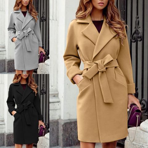 Mujeres Moda Color Sólido Corbata Abrigo Abrigo De Lana