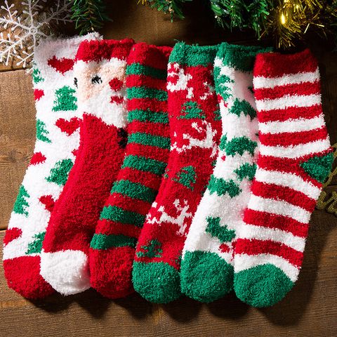 Unisex Süß Weihnachtsbaum Weihnachtsmann Elch Korallenvlies Jacquard Crew Socken