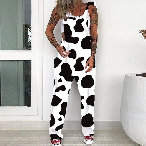 Women's Daily Casual Punk Cows Skull Full Length Overalls