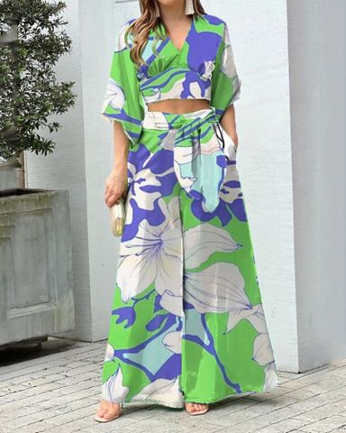 Women's Fashion Flower Cotton Blend Polyester Printing Pants Sets