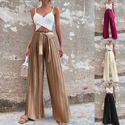 Casual Solid Color Polyester Full Length Belt Wide Leg Pants
