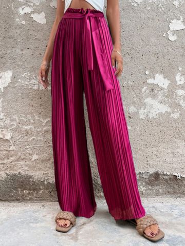Casual Solid Color Polyester Full Length Belt Wide Leg Pants