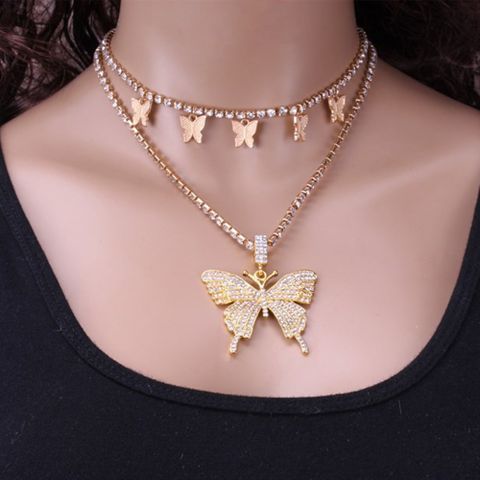 Fashion Butterfly Alloy Plating Inlay Rhinestones Women's Pendant Necklace 1 Piece