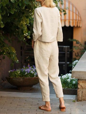 Women's Casual Solid Color Cotton Pocket Patchwork Pants Sets