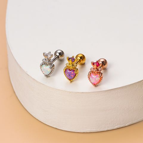 Vintage Style Heart Shape Crown Stainless Steel Copper Gold Plated Artificial Gemstones Ear Studs 1 Piece