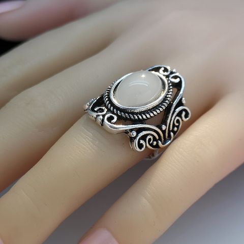 Vintage Style Oval Alloy Hollow Out Inlay Natural Stone Unisex Rings 1 Piece