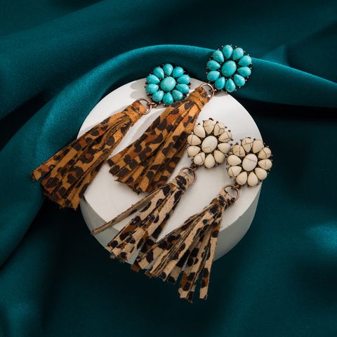 1 Pair Ethnic Style Tassel Leopard Inlay Pu Leather Alloy Turquoise Drop Earrings
