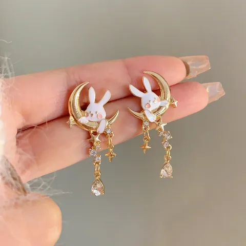 Fashion Rabbit Moon Alloy Plating Inlay Gem Glass Women's Drop Earrings 1 Pair