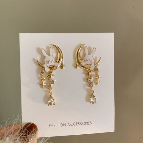 Fashion Rabbit Moon Alloy Plating Inlay Gem Glass Women's Drop Earrings 1 Pair