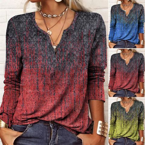 Women's T-shirt Long Sleeve Blouses Printing Fashion Color Block