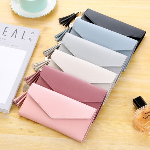 Women's Solid Color Pu Leather Tassel Flip Cover Wallets