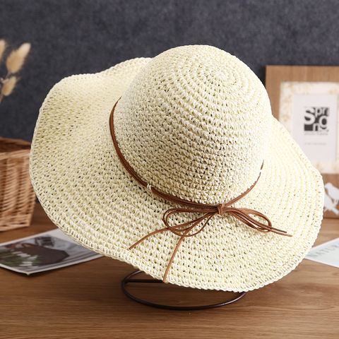 Women's Simple Style Bow Knot Braid Wide Eaves Straw Hat