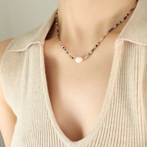Elegant Geometric Natural Stone Pearl Titanium Steel Necklace 1 Piece