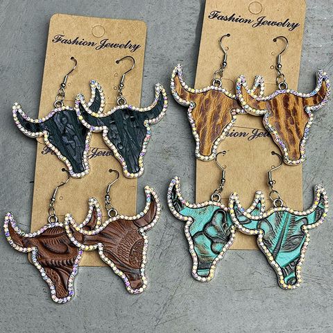 1 Pair Ethnic Style Cattle Embossed Cowhide Alloy Rhinestone Women's Drop Earrings