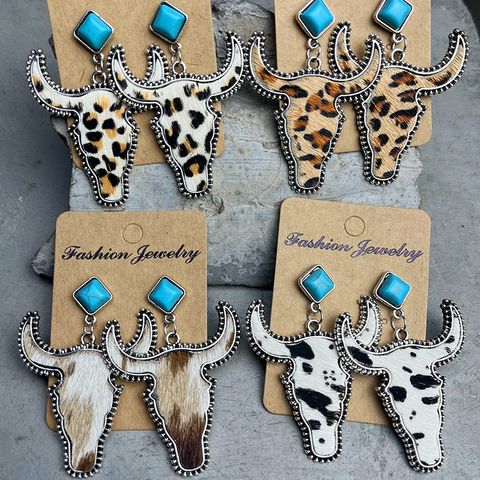 1 Pair Ethnic Style Bull Head Alloy Leather Inlay Turquoise Women's Drop Earrings