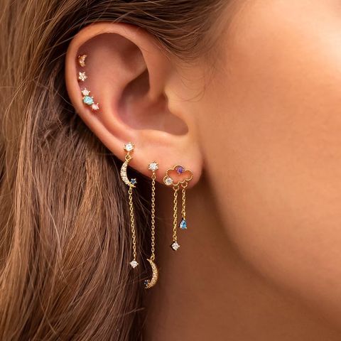Fashion Clouds Pentagram Moon Copper Zircon Drop Earrings Ear Studs In Bulk