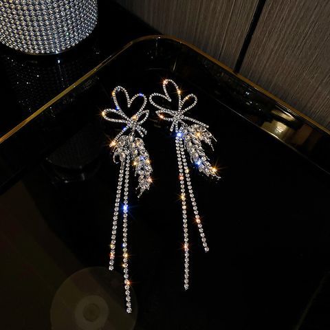 Exaggerated Fashion Tassel Heart Shape Alloy Tassel Diamond Rhinestones Women's Earrings