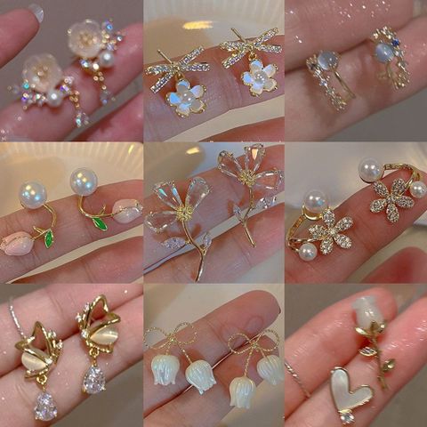 Sweet Water Droplets Heart Shape Flower Imitation Pearl Alloy Inlay Artificial Gemstones Women's Earrings 1 Pair