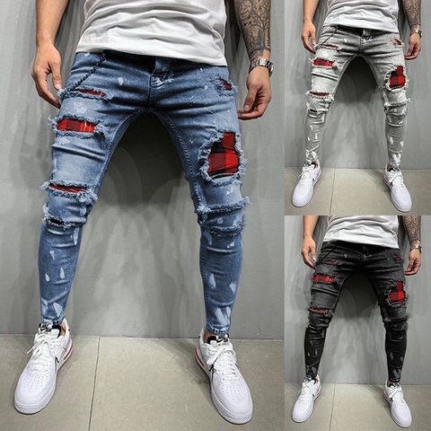 Men's Sports Hip-hop Solid Color Full Length Patchwork Washed Jeans