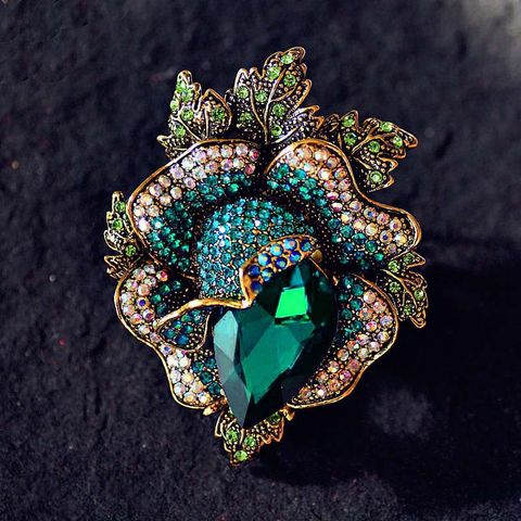 Retro Flower Alloy Inlay Artificial Gemstones Crystal Women's Brooches