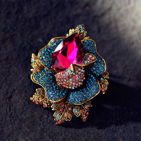 Retro Flower Alloy Inlay Artificial Gemstones Crystal Women's Brooches