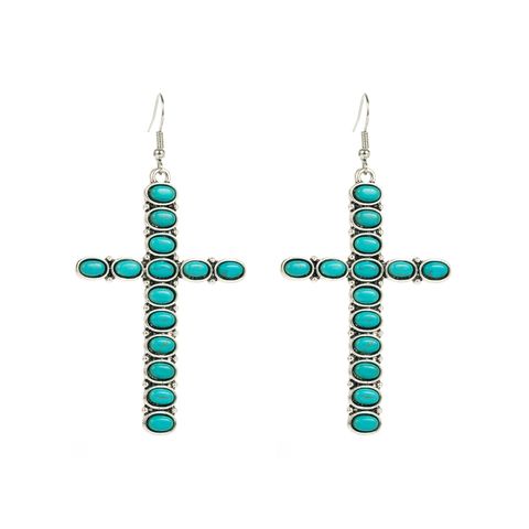 1 Pair Vintage Style Cross Alloy Inlay Turquoise Women's Drop Earrings