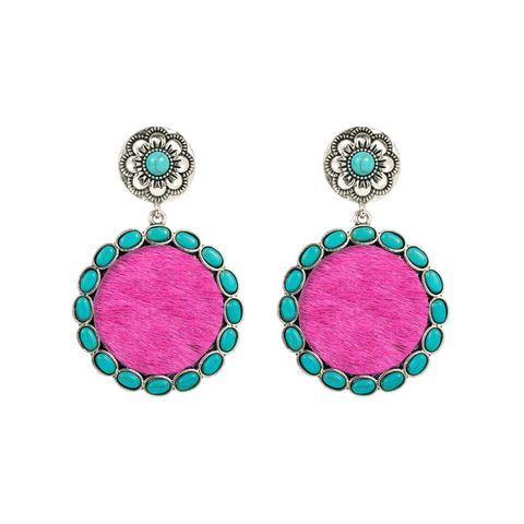 1 Pair Vintage Style Round Alloy Plating Inlay Artificial Leather Turquoise Women's Drop Earrings