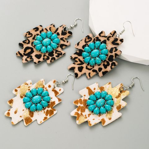 1 Pair Elegant Leopard Plating Inlay Pu Leather Alloy Turquoise Silver Plated Ear Hook