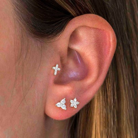Simple Style Cross Round Flower Copper Plating Inlay Zircon Ear Studs 1 Piece