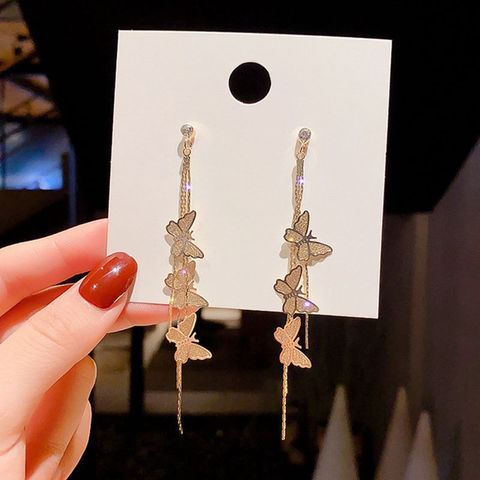 1 Pair Simple Style Butterfly Alloy Tassel Artificial Rhinestones Women's Dangling Earrings