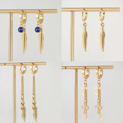 1 Pair Elegant Cross Feather Plating Stainless Steel Tassel 18k Gold Plated Dangling Earrings