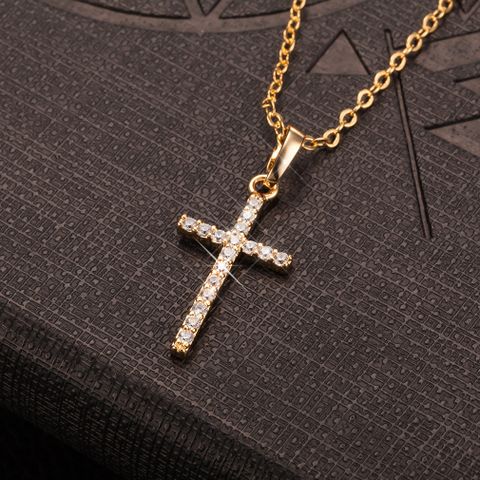 Simple Style Cross Alloy Plating Rhinestones Women's Pendant Necklace