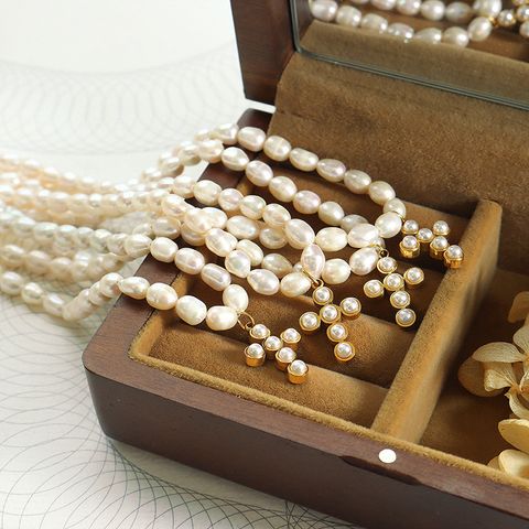 Elegant Cross Pearl Titanium Steel Plating Artificial Pearls Pendant Necklace