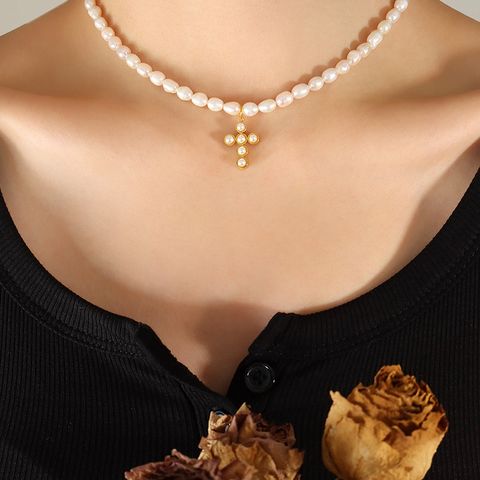 Elegant Cross Pearl Titanium Steel Plating Artificial Pearls Pendant Necklace