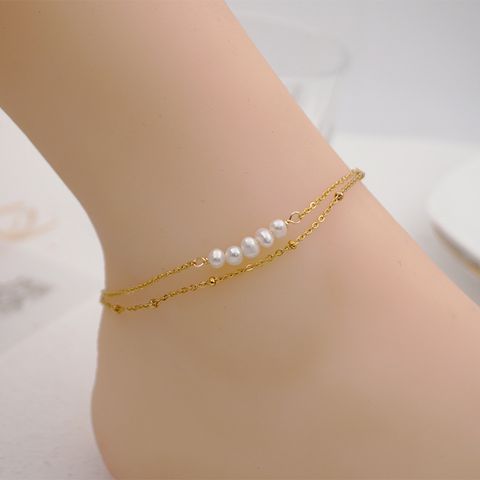 Wholesale Simple Style Round Freshwater Pearl Titanium Steel Bracelets Anklet