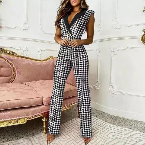 Women's Elegant Fashion Plaid Linen Polyacrylonitrile Fiber Button Pants Sets