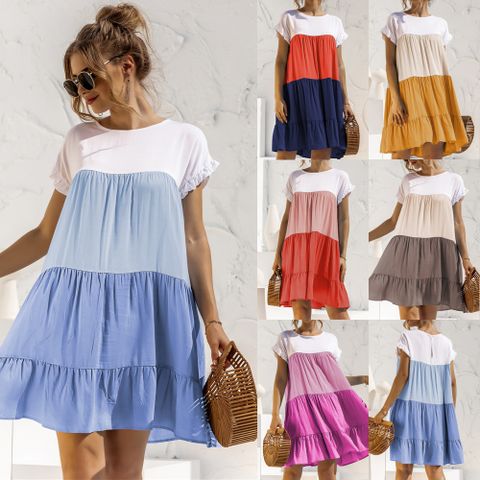 Women's Tiered Skirt Fashion Round Neck Patchwork Short Sleeve Color Block Above Knee Daily