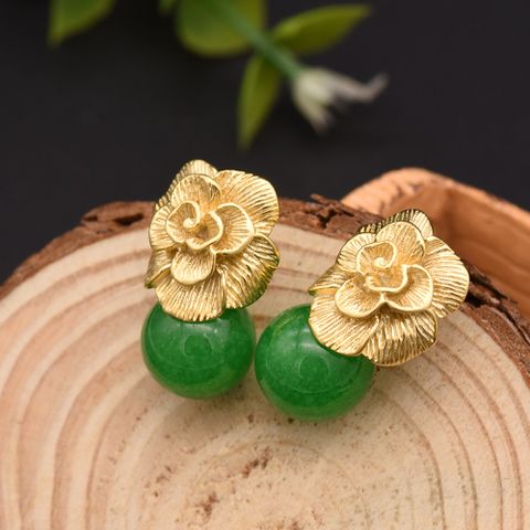 Retro Flower Pearl Copper Plating Drop Earrings 1 Pair