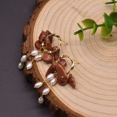 Retro Rhombus Natural Stone Pearl Copper Plating Drop Earrings 1 Pair