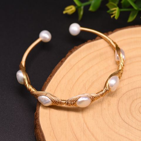 Retro Geometric Pearl Inlay Turquoise Crystal 18k Gold Plated Bangle